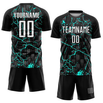 Custom Black White-Aqua Lightning Sublimation Soccer Uniform Jersey