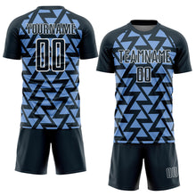 Laden Sie das Bild in den Galerie-Viewer, Custom Navy Light Blue-White Abstract Geometric Triangles Sublimation Soccer Uniform Jersey
