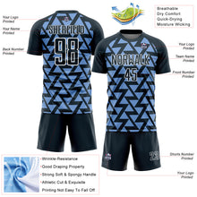Laden Sie das Bild in den Galerie-Viewer, Custom Navy Light Blue-White Abstract Geometric Triangles Sublimation Soccer Uniform Jersey
