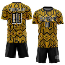 Laden Sie das Bild in den Galerie-Viewer, Custom Gold Black-White Abstract Geometric Shapes Sublimation Soccer Uniform Jersey
