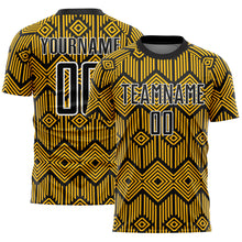 Laden Sie das Bild in den Galerie-Viewer, Custom Gold Black-White Abstract Geometric Shapes Sublimation Soccer Uniform Jersey
