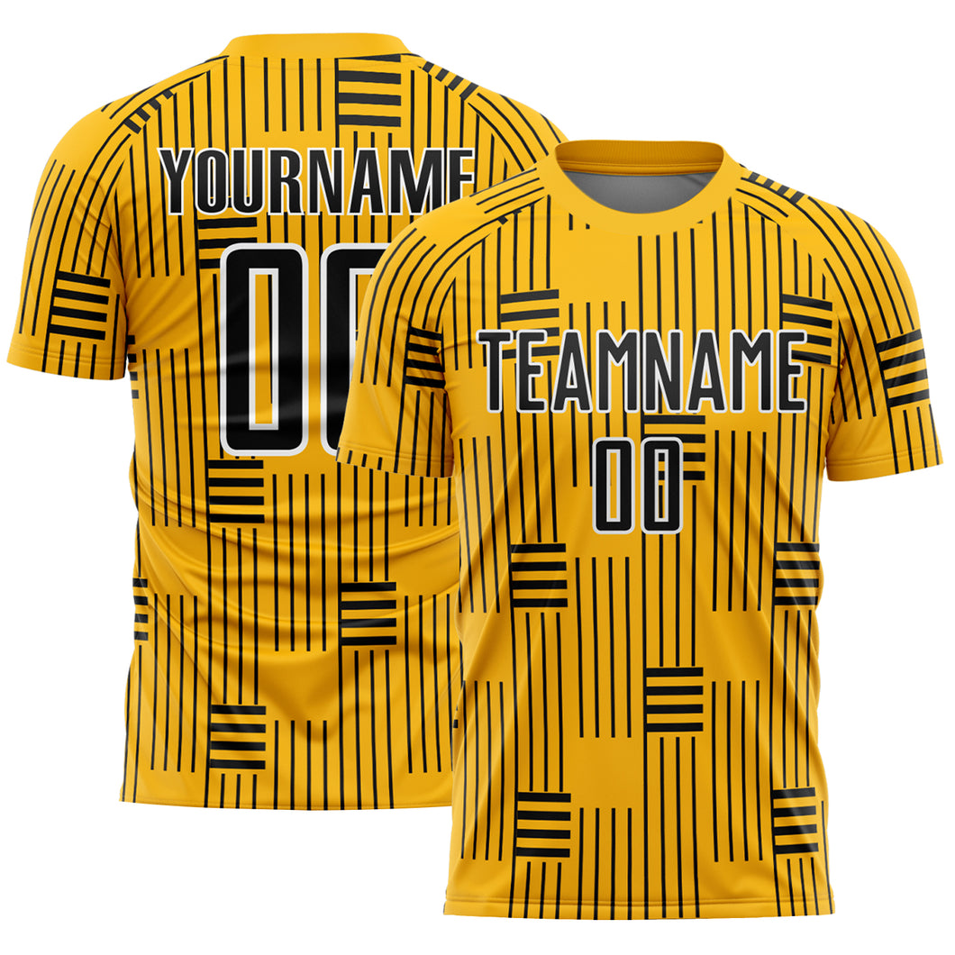 Custom Gold Black-White Lines Sublimation Soccer Uniform Jersey