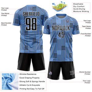 Custom Light Blue Black-White Lines Sublimation Soccer Uniform Jersey