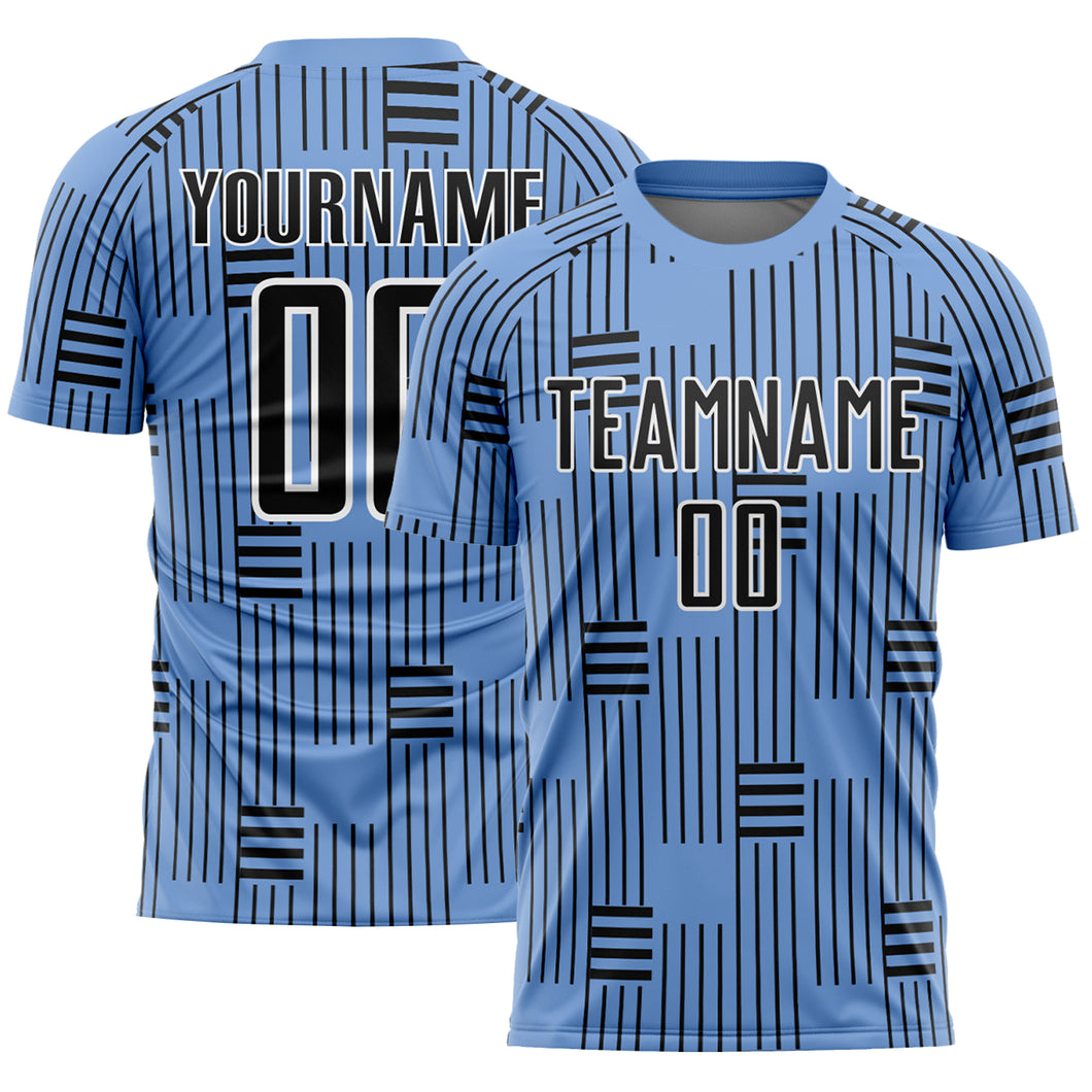 Custom Light Blue Black-White Lines Sublimation Soccer Uniform Jersey