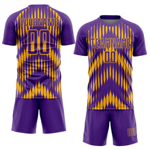 Laden Sie das Bild in den Galerie-Viewer, Custom Purple Gold Abstract Triangle Sublimation Soccer Uniform Jersey
