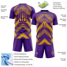 Laden Sie das Bild in den Galerie-Viewer, Custom Purple Gold Abstract Triangle Sublimation Soccer Uniform Jersey
