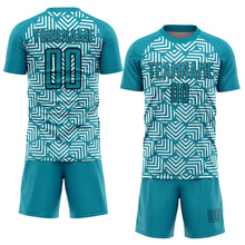 Laden Sie das Bild in den Galerie-Viewer, Custom Teal Black Abstract Geometric Shapes Sublimation Soccer Uniform Jersey

