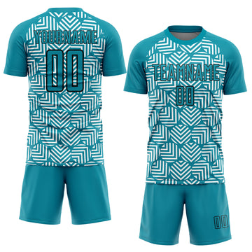 Custom Teal Black Abstract Geometric Shapes Sublimation Soccer Uniform Jersey