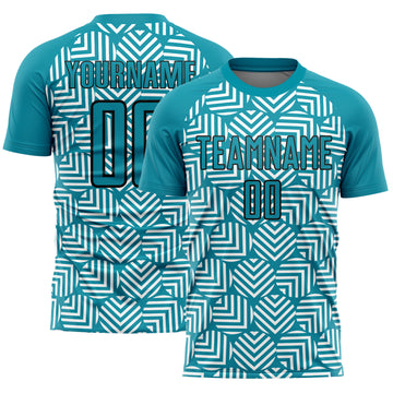 Custom Teal Black Abstract Geometric Shapes Sublimation Soccer Uniform Jersey