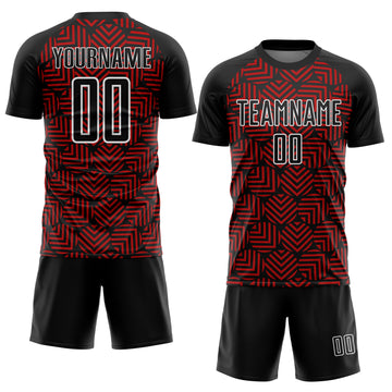 Custom Black Red-White Abstract Geometric Shapes Sublimation Soccer Uniform Jersey