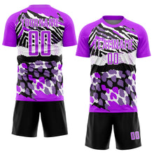 Laden Sie das Bild in den Galerie-Viewer, Custom Purple Black-White Animal Print Sublimation Soccer Uniform Jersey
