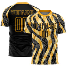Laden Sie das Bild in den Galerie-Viewer, Custom Black Gold Animal Print Sublimation Soccer Uniform Jersey
