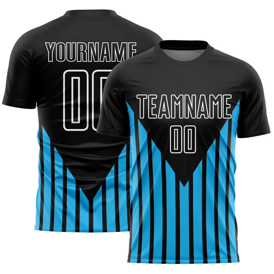 Custom Black Sky Blue-White Lines Sublimation Soccer Uniform Jersey