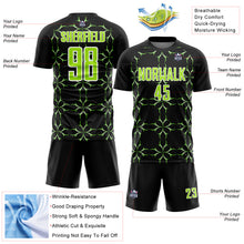 Laden Sie das Bild in den Galerie-Viewer, Custom Black Neon Green-White Damask Pattern Sublimation Soccer Uniform Jersey
