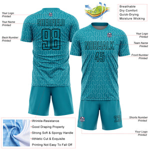 Custom Teal Black Geometric Pattern Sublimation Soccer Uniform Jersey
