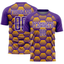 Load image into Gallery viewer, Custom Purple Gold-White Hexagons Pattern Sublimation Soccer Uniform Jersey
