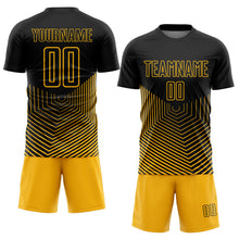 Laden Sie das Bild in den Galerie-Viewer, Custom Black Gold Geometric Lines Sublimation Soccer Uniform Jersey
