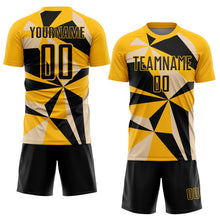 Load image into Gallery viewer, Custom Gold Black Geometric Pattern Sublimation Soccer Uniform Jersey
