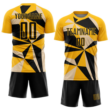 Custom Gold Black Geometric Pattern Sublimation Soccer Uniform Jersey