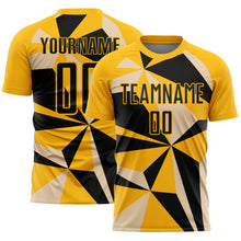 Laden Sie das Bild in den Galerie-Viewer, Custom Gold Black Geometric Pattern Sublimation Soccer Uniform Jersey
