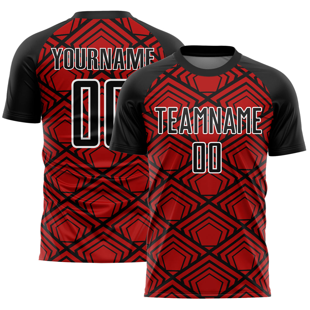 Custom Red Black-White Geometric Pattern Sublimation Soccer Uniform Jersey