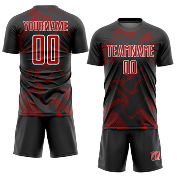 Custom Black Red-White Curve Lines Sublimation Soccer Uniform Jersey