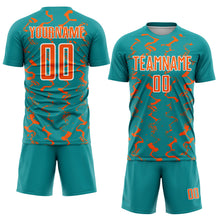 Laden Sie das Bild in den Galerie-Viewer, Custom Teal Orange-White Abstract Lines Sublimation Soccer Uniform Jersey
