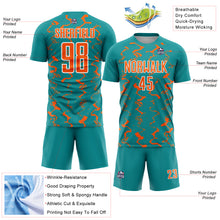 Laden Sie das Bild in den Galerie-Viewer, Custom Teal Orange-White Abstract Lines Sublimation Soccer Uniform Jersey
