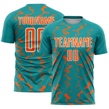 Laden Sie das Bild in den Galerie-Viewer, Custom Teal Orange-White Abstract Lines Sublimation Soccer Uniform Jersey
