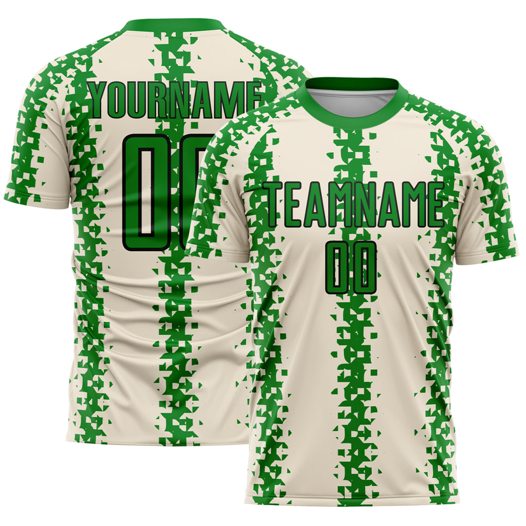 Custom Cream Grass Green-Black Abstract Geometric Pattern Sublimation Soccer Uniform Jersey