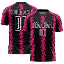 Laden Sie das Bild in den Galerie-Viewer, Custom Black Hot Pink-White Abstract Geometric Pattern Sublimation Soccer Uniform Jersey
