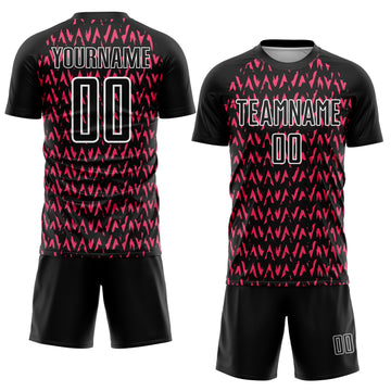 Custom Black Hot Pink-White Abstract Geometric Pattern Sublimation Soccer Uniform Jersey