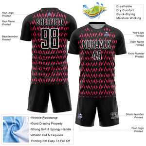 Custom Black Hot Pink-White Abstract Geometric Pattern Sublimation Soccer Uniform Jersey