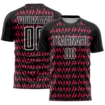 Custom Black Hot Pink-White Abstract Geometric Pattern Sublimation Soccer Uniform Jersey