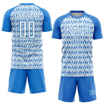 Custom Electric Blue White-Silver Abstract Geometric Pattern Sublimation Soccer Uniform Jersey