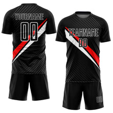 Load image into Gallery viewer, Custom Black Red-White Diagonal Lines Sublimation Soccer Uniform Jersey
