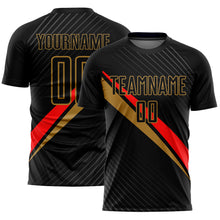 Laden Sie das Bild in den Galerie-Viewer, Custom Black Red-Old Gold Diagonal Lines Sublimation Soccer Uniform Jersey
