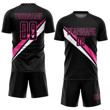 Custom Black Pink-White Diagonal Lines Sublimation Soccer Uniform Jersey