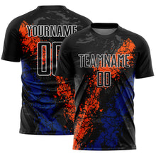 Load image into Gallery viewer, Custom Black Orange-Royal Dripping Splatter Art Sublimation Soccer Uniform Jersey
