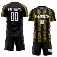Laden Sie das Bild in den Galerie-Viewer, Custom Black White-Old Gold Abstract Shape Sublimation Soccer Uniform Jersey

