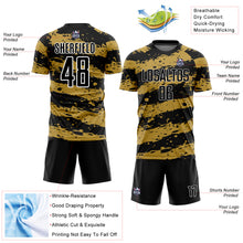 Загрузить изображение в средство просмотра галереи, Custom Black Old Gold-White Splash Sublimation Soccer Uniform Jersey
