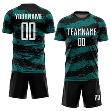 Загрузить изображение в средство просмотра галереи, Custom Black White-Teal Splash Sublimation Soccer Uniform Jersey
