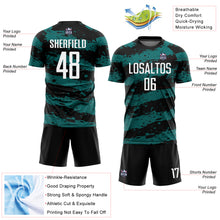 Загрузить изображение в средство просмотра галереи, Custom Black White-Teal Splash Sublimation Soccer Uniform Jersey
