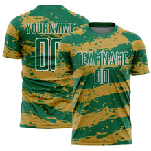 Laden Sie das Bild in den Galerie-Viewer, Custom Kelly Green Old Gold-White Splash Sublimation Soccer Uniform Jersey
