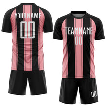 Laden Sie das Bild in den Galerie-Viewer, Custom Black White-Medium Pink Line Sublimation Soccer Uniform Jersey
