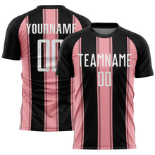 Laden Sie das Bild in den Galerie-Viewer, Custom Black White-Medium Pink Line Sublimation Soccer Uniform Jersey
