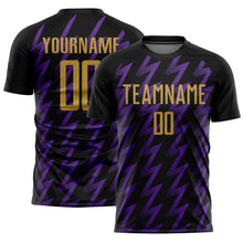 Load image into Gallery viewer, Custom Black Old Gold-Purple Zigzag Shape Sublimation Soccer Uniform Jersey
