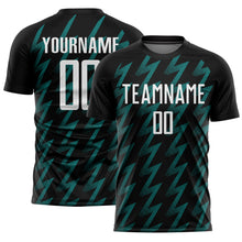 Laden Sie das Bild in den Galerie-Viewer, Custom Black White-Teal Zigzag Shape Sublimation Soccer Uniform Jersey
