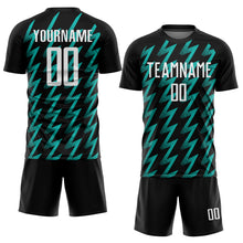 Laden Sie das Bild in den Galerie-Viewer, Custom Black White-Aqua Zigzag Shape Sublimation Soccer Uniform Jersey
