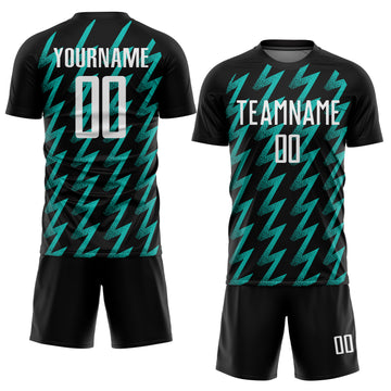 Custom Black White-Aqua Zigzag Shape Sublimation Soccer Uniform Jersey